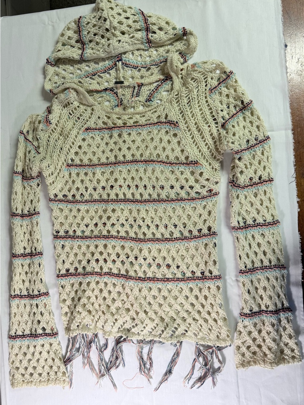 Poof! Cream Open-Knit Hooded Sweater with Multicolor Stripe Detail